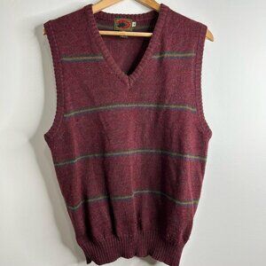 VTG Boston Traders Sweater Vest‎ Mens M Burgundy Wool V Neck Striped 90s Grandpa